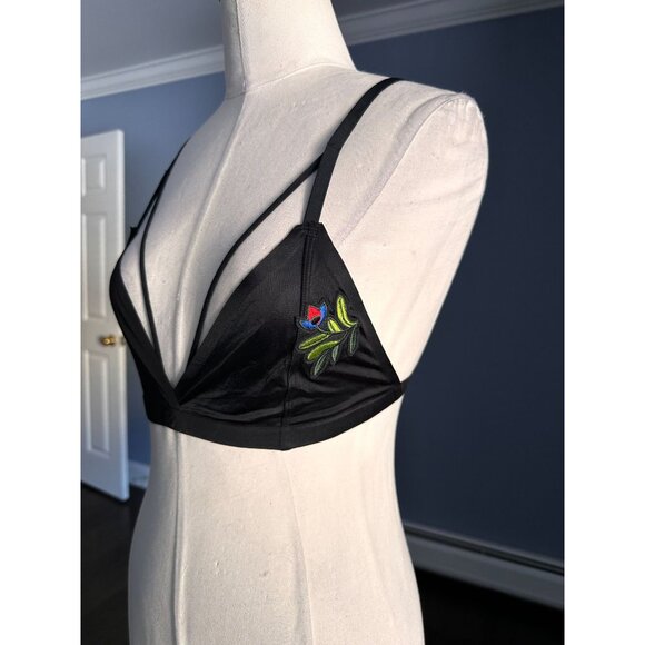 Sam Edelman black strappy bralette with floral patch LARGE - Picture 4 of 5